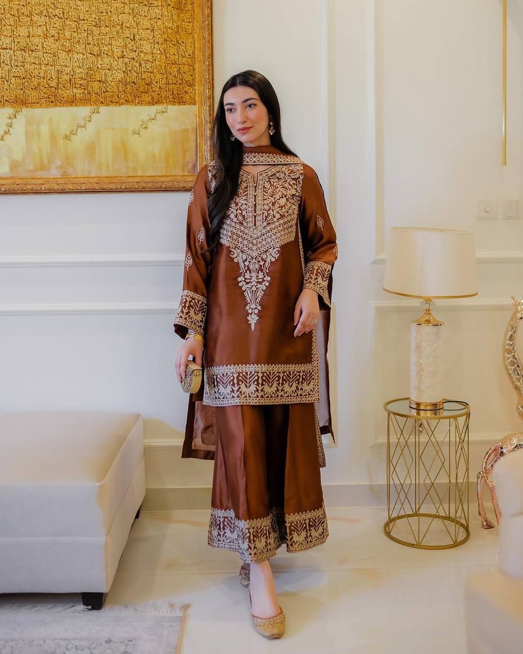 Brown Elegant Natural Crepe Chinestitch Plazo Set with Dupatta – Fully Stitched ClothsVilla