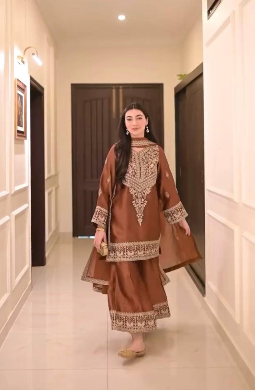 Brown Elegant Natural Crepe Chinestitch Plazo Set with Dupatta – Fully Stitched ClothsVilla