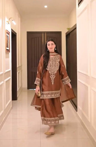 Brown Elegant Natural Crepe Chinestitch Plazo Set with Dupatta – Fully Stitched ClothsVilla
