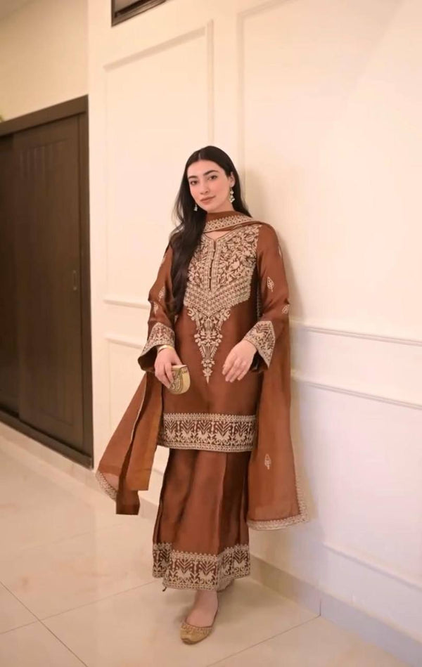 Brown Elegant Natural Crepe Chinestitch Plazo Set with Dupatta – Fully Stitched ClothsVilla