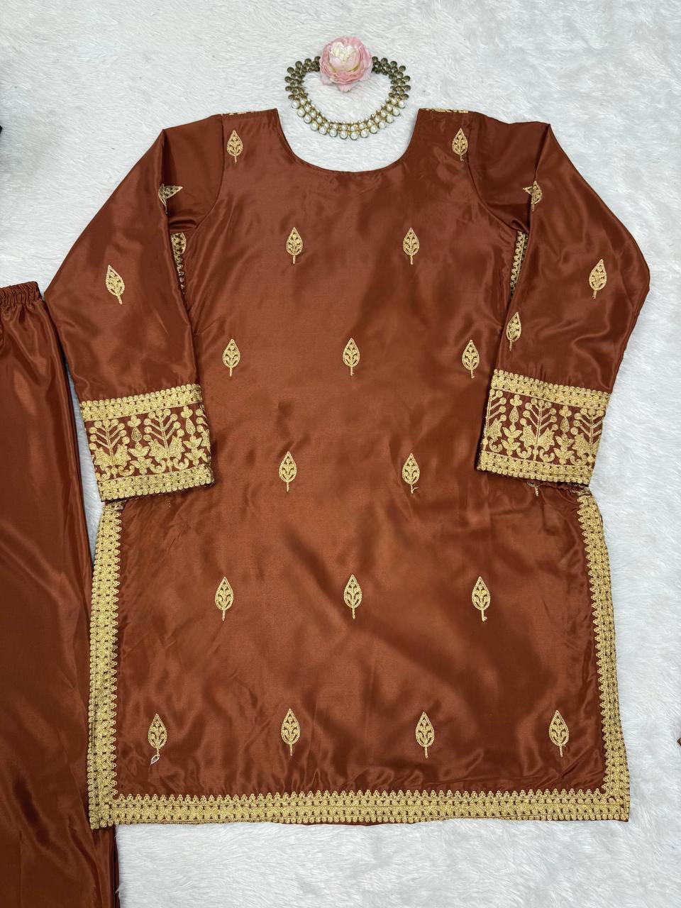 Brown Elegant Natural Crepe Chinestitch Plazo Set with Dupatta – Fully Stitched ClothsVilla