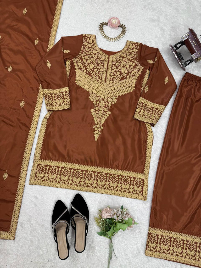 Brown Elegant Natural Crepe Chinestitch Plazo Set with Dupatta – Fully Stitched ClothsVilla