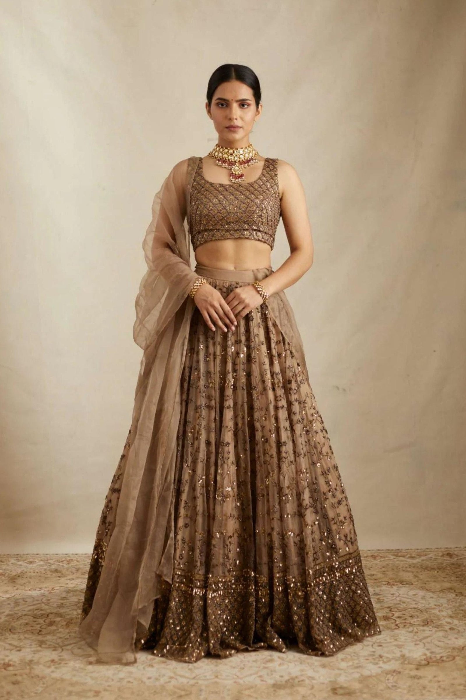 Brown Elegant Net Lehenga Set with Heavy Sequins & Jari Embroidery – Semi-Stitched Lehenga & Unstitched Choli ClothsVilla