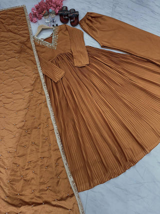 Brown Elegant Party Wear Alia Cut Anarkali Gown Set with Dupatta & Bottom Clothsvilla