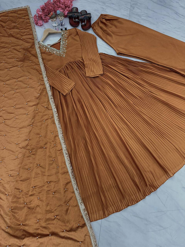 Brown Elegant Party Wear Alia Cut Anarkali Gown Set with Dupatta & Bottom Clothsvilla