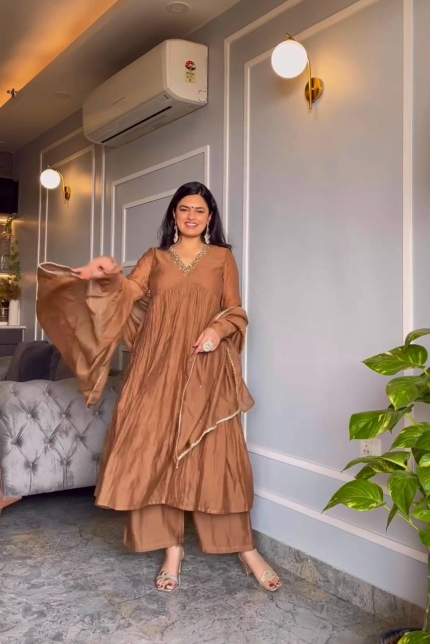 Brown Elegant Party Wear Alia Cut Anarkali Gown Set with Dupatta & Bottom Clothsvilla Main image