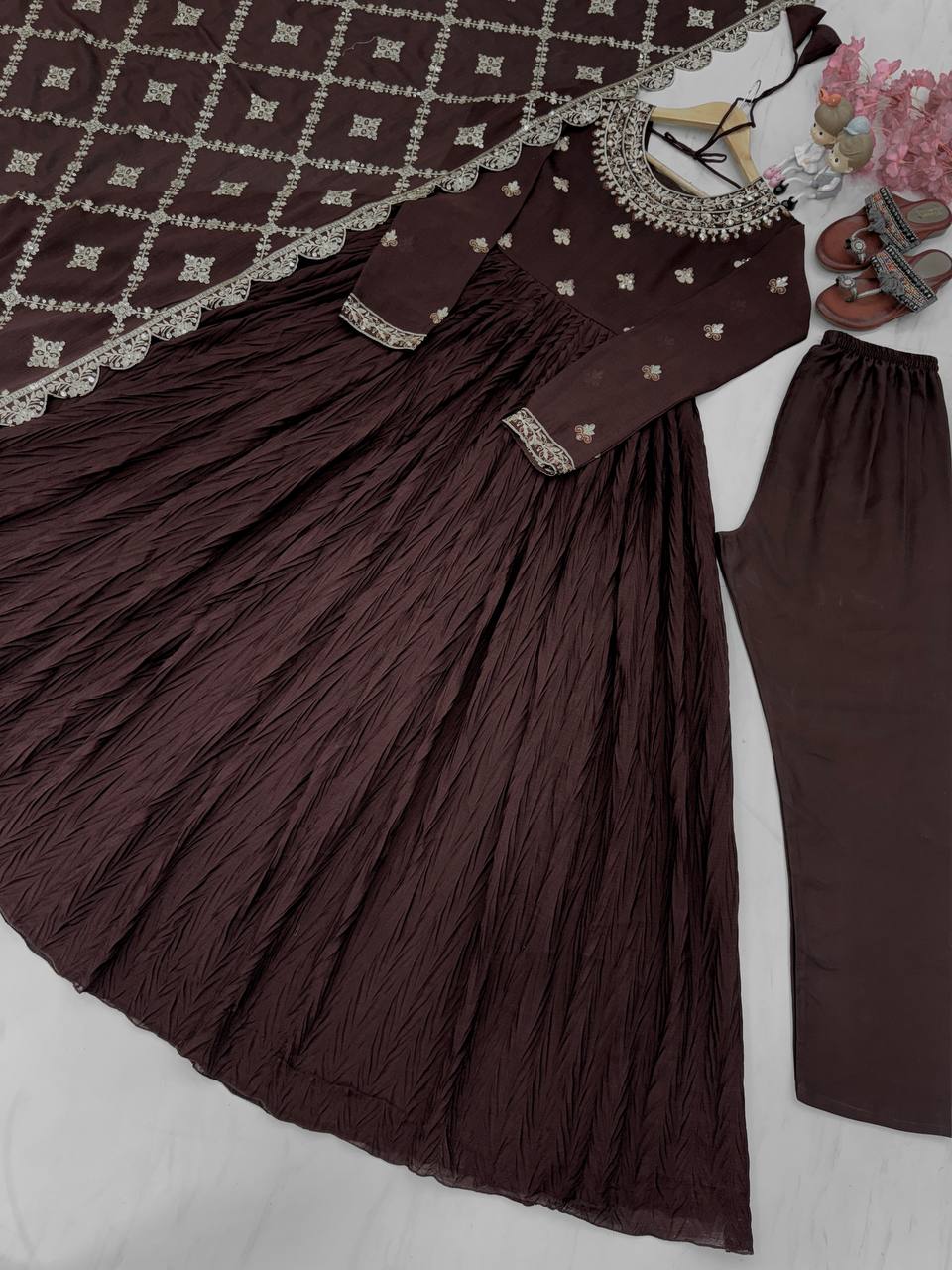 Brown Elegant Party Wear Chinon Silk Fancy Gown Set Clothsvilla