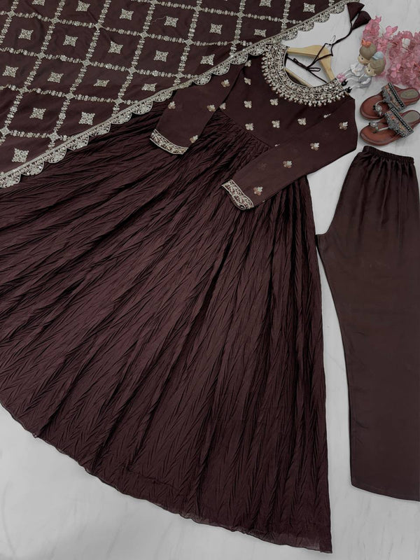 Brown Elegant Party Wear Chinon Silk Fancy Gown Set Clothsvilla