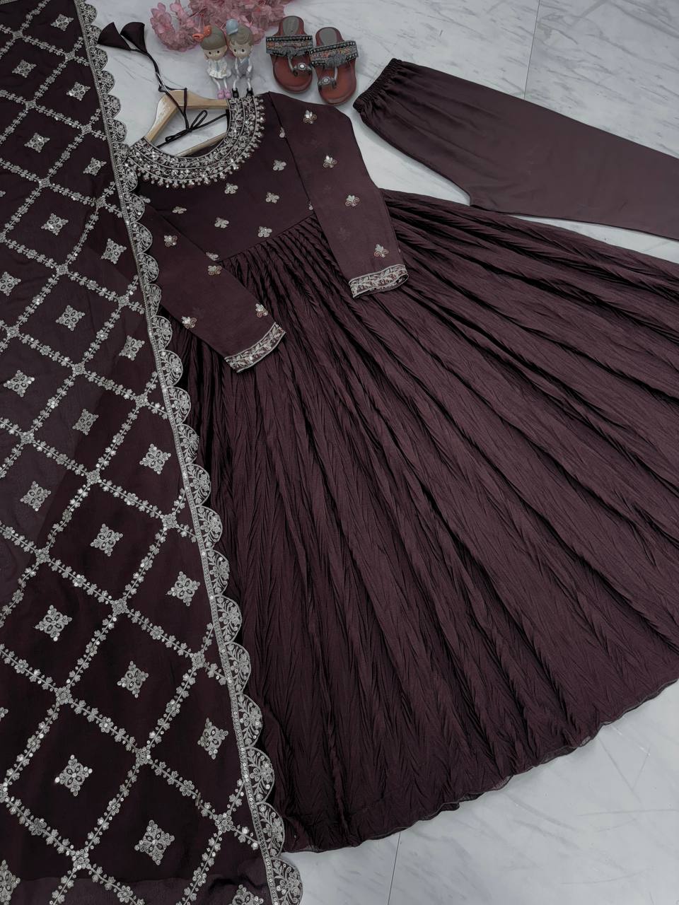 Brown Elegant Party Wear Chinon Silk Fancy Gown Set Clothsvilla