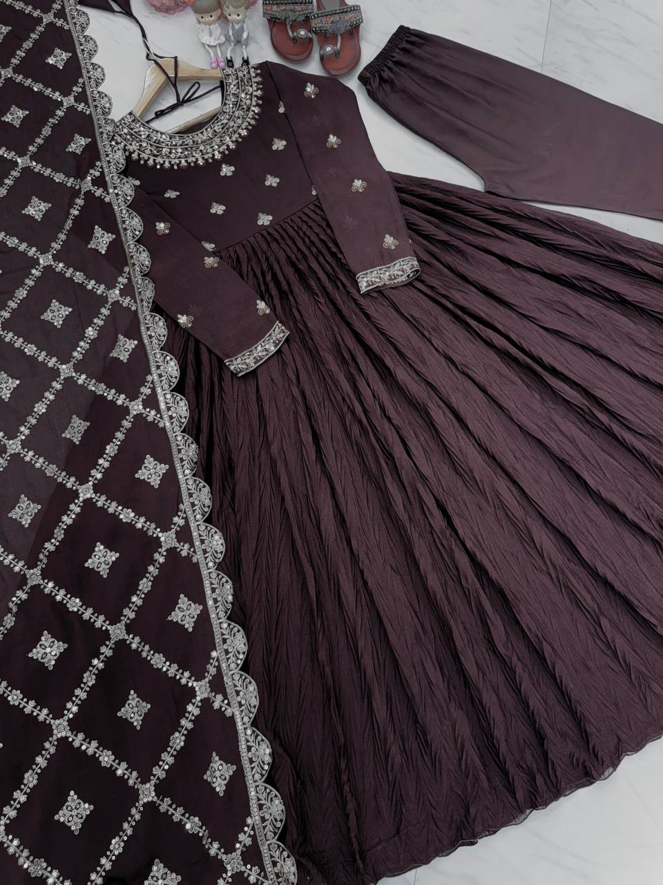 Brown Elegant Party Wear Chinon Silk Fancy Gown Set Clothsvilla