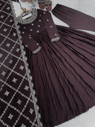 Brown Elegant Party Wear Chinon Silk Fancy Gown Set Clothsvilla