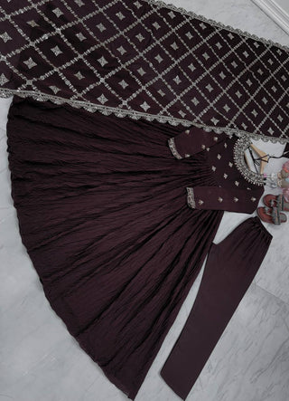Brown Elegant Party Wear Chinon Silk Fancy Gown Set Clothsvilla
