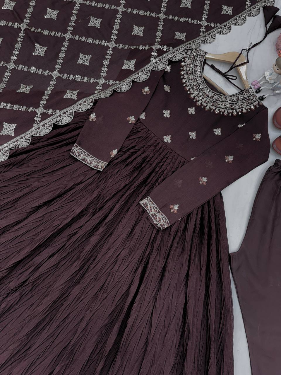 Brown Elegant Party Wear Chinon Silk Fancy Gown Set Clothsvilla