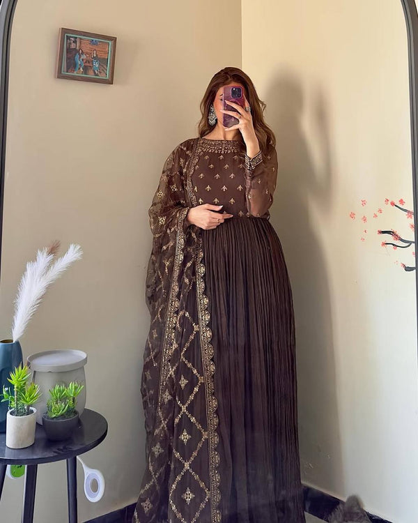 Brown Elegant Party Wear Chinon Silk Fancy Gown Set Clothsvilla