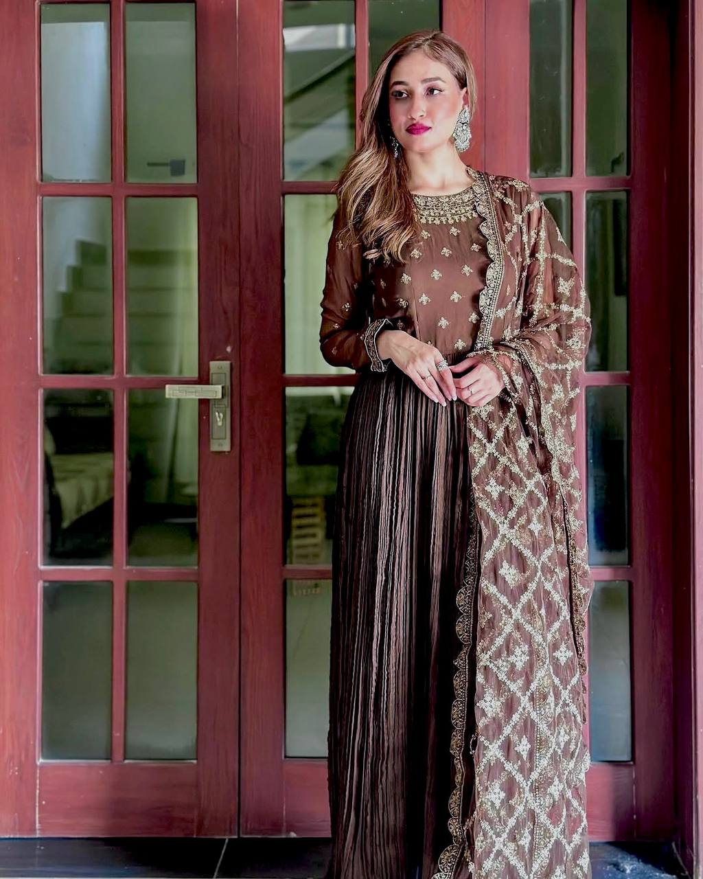 Brown Elegant Party Wear Chinon Silk Fancy Gown Set Clothsvilla Main image