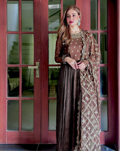 Brown Elegant Party Wear Chinon Silk Fancy Gown Set Clothsvilla