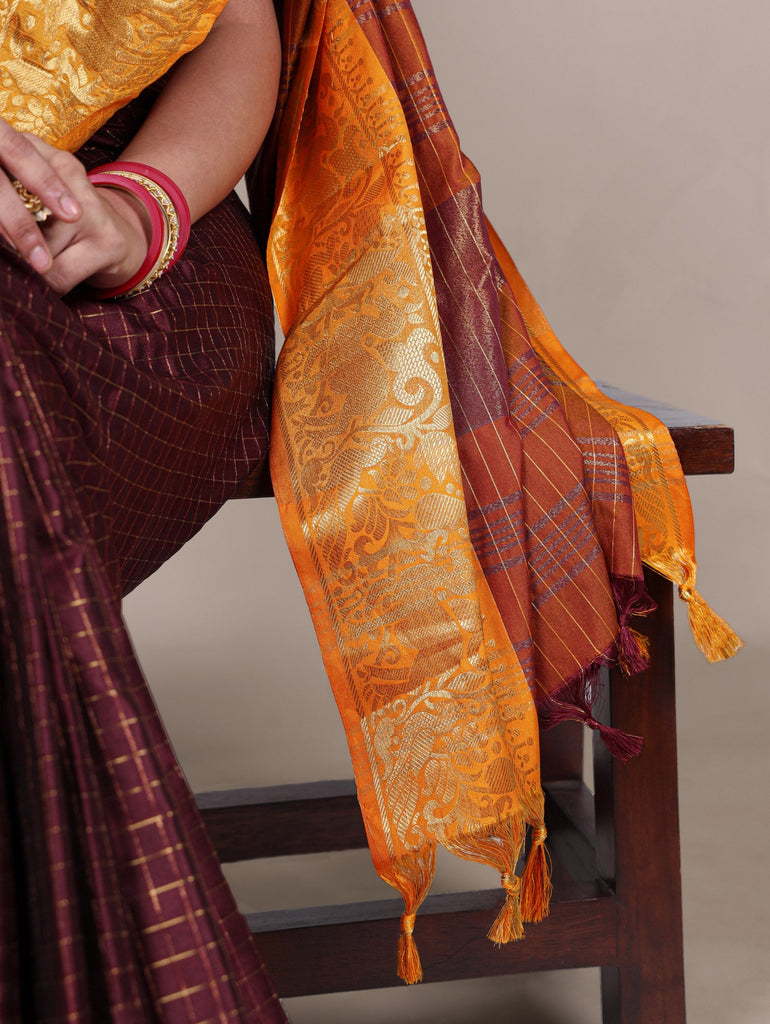 Brown Elegant Poly Cotton Saree with Chex Zari Weaving ClothsVilla