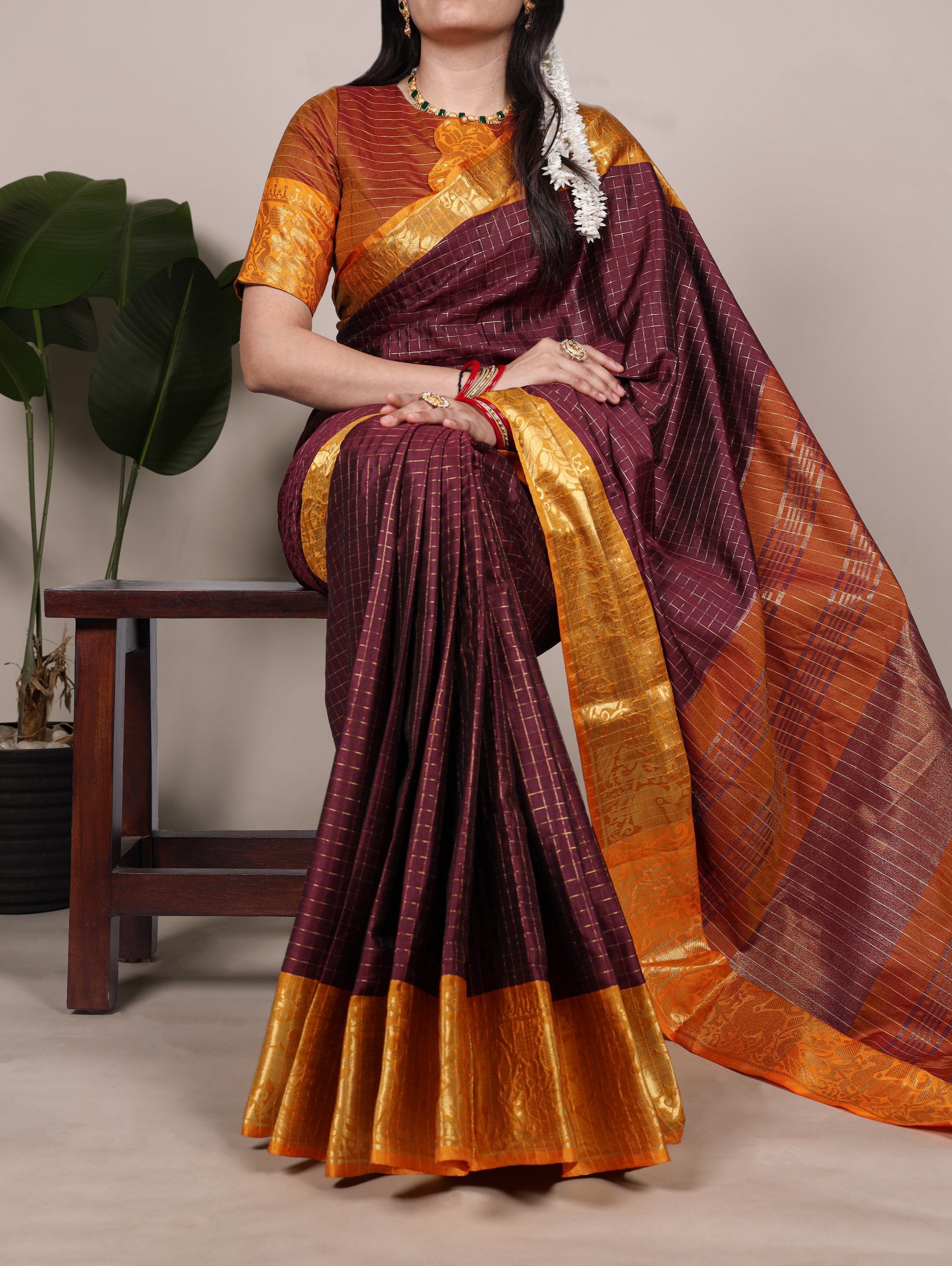 Brown Elegant Poly Cotton Saree with Chex Zari Weaving ClothsVilla Main image