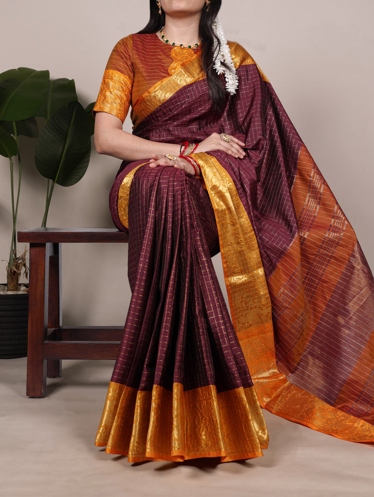 Brown Elegant Poly Cotton Saree with Chex Zari Weaving ClothsVilla