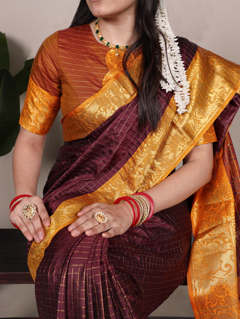 Brown Elegant Poly Cotton Saree with Chex Zari Weaving ClothsVilla