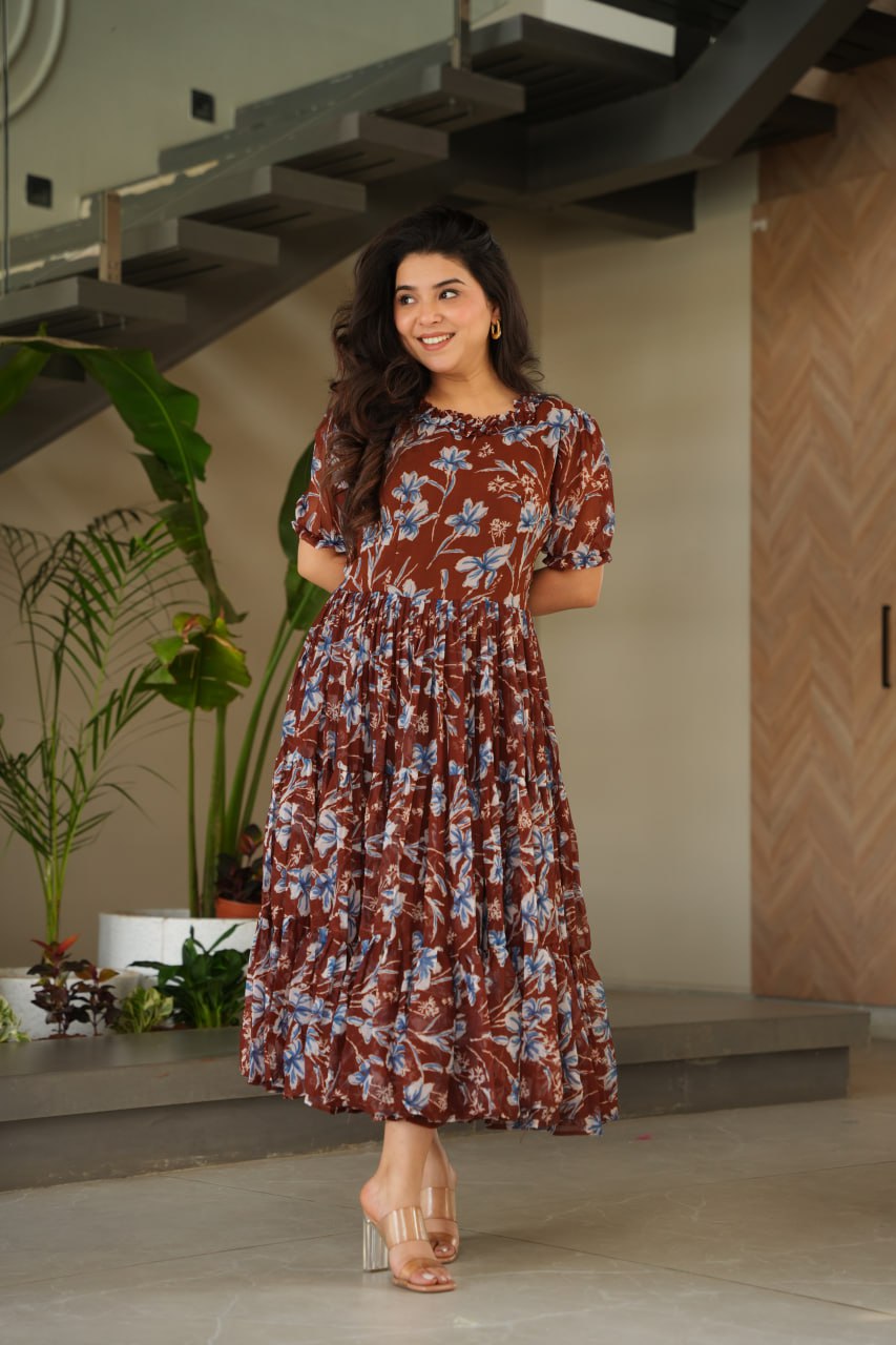 Brown Elegant Printed Faux Georgette Gown ClothsVilla