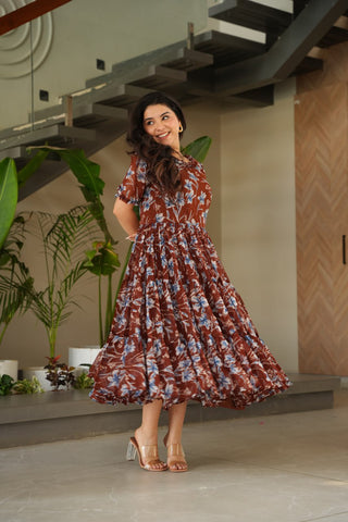 Brown Elegant Printed Faux Georgette Gown ClothsVilla