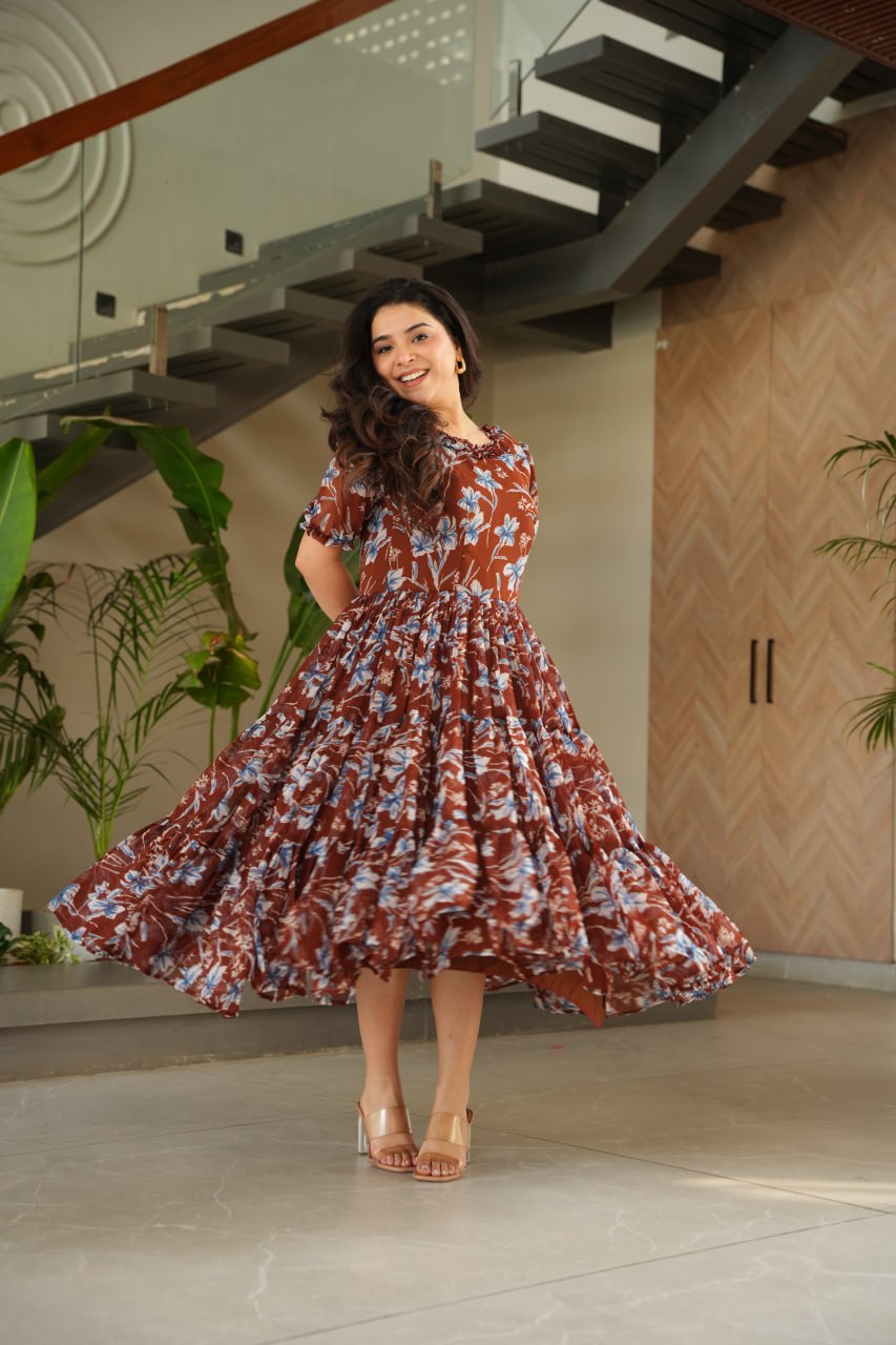 Brown Elegant Printed Faux Georgette Gown ClothsVilla