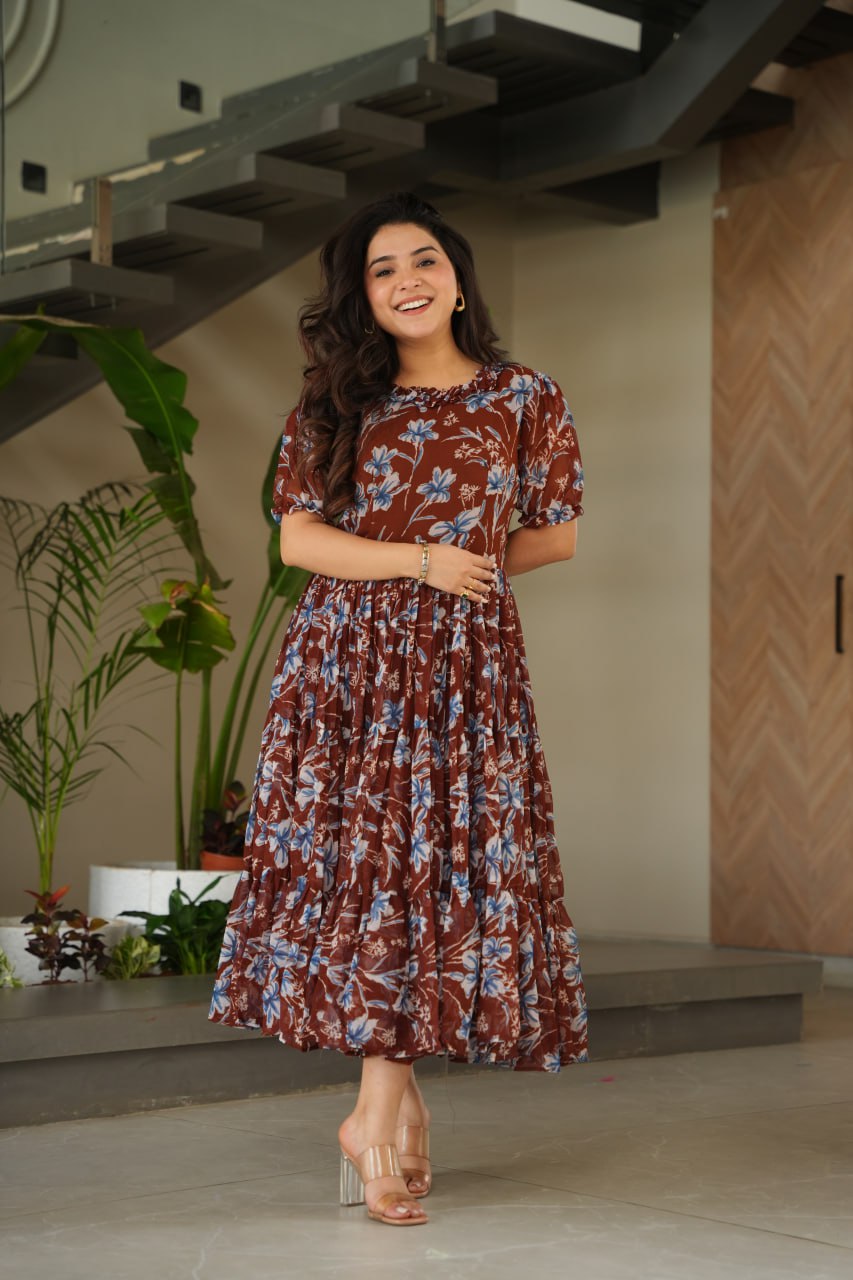 Brown Elegant Printed Faux Georgette Gown ClothsVilla