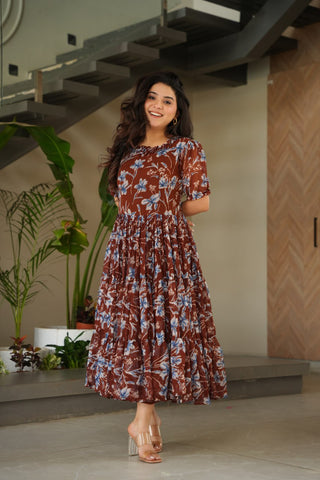 Brown Elegant Printed Faux Georgette Gown ClothsVilla