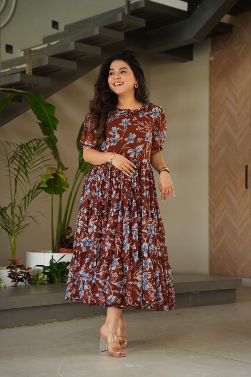Brown Elegant Printed Faux Georgette Gown ClothsVilla