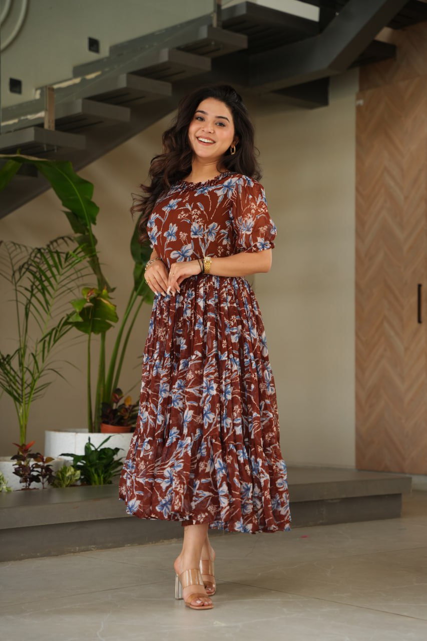 Brown Elegant Printed Faux Georgette Gown ClothsVilla