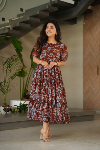 Brown Elegant Printed Faux Georgette Gown ClothsVilla
