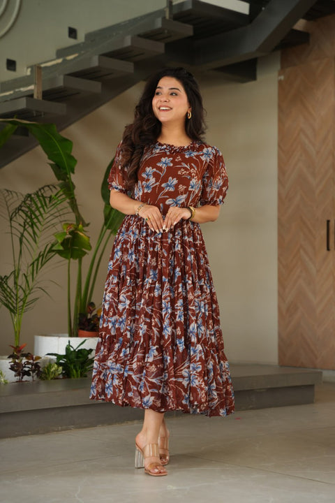 Brown Elegant Printed Faux Georgette Gown ClothsVilla Main image