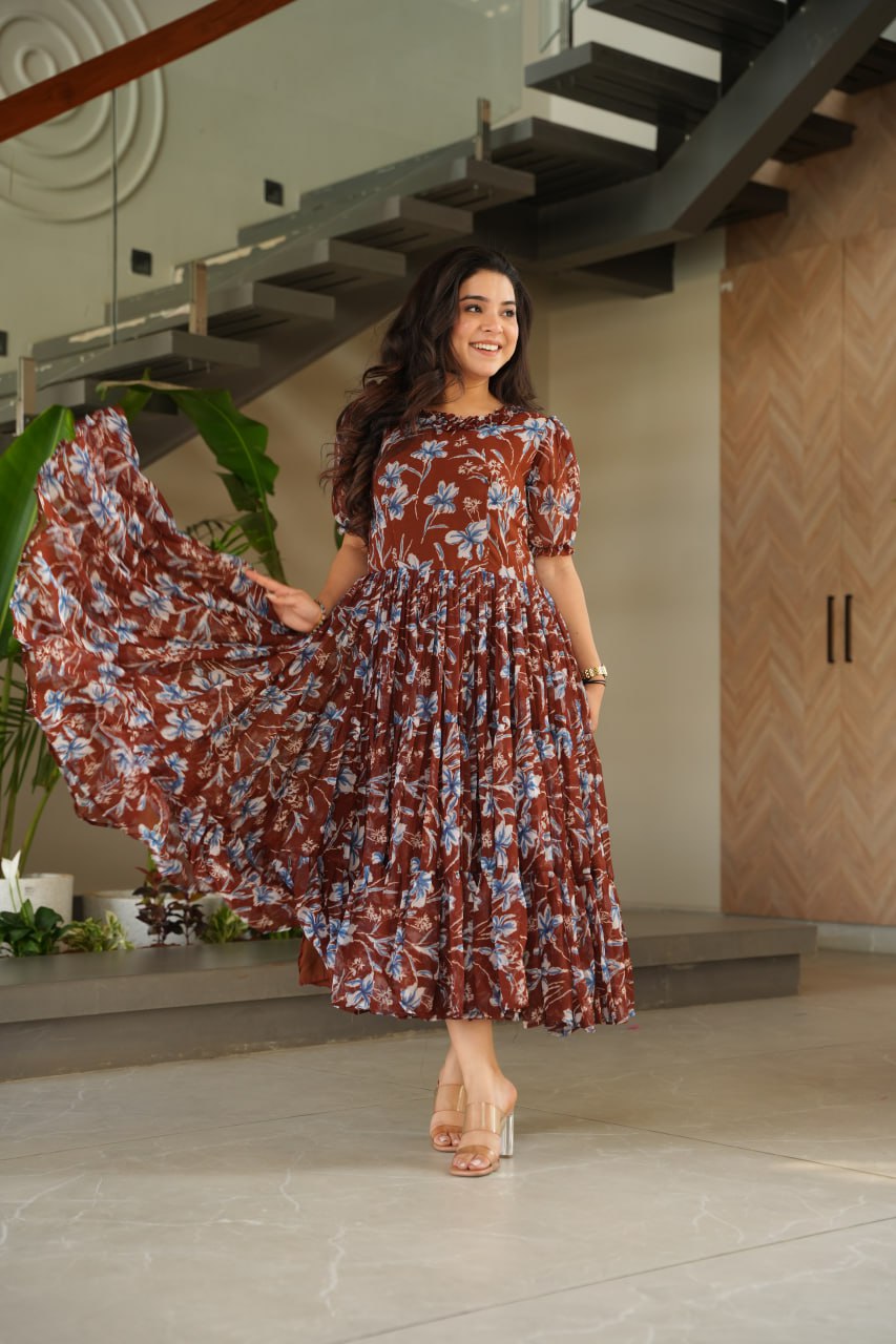 Brown Elegant Printed Faux Georgette Gown ClothsVilla