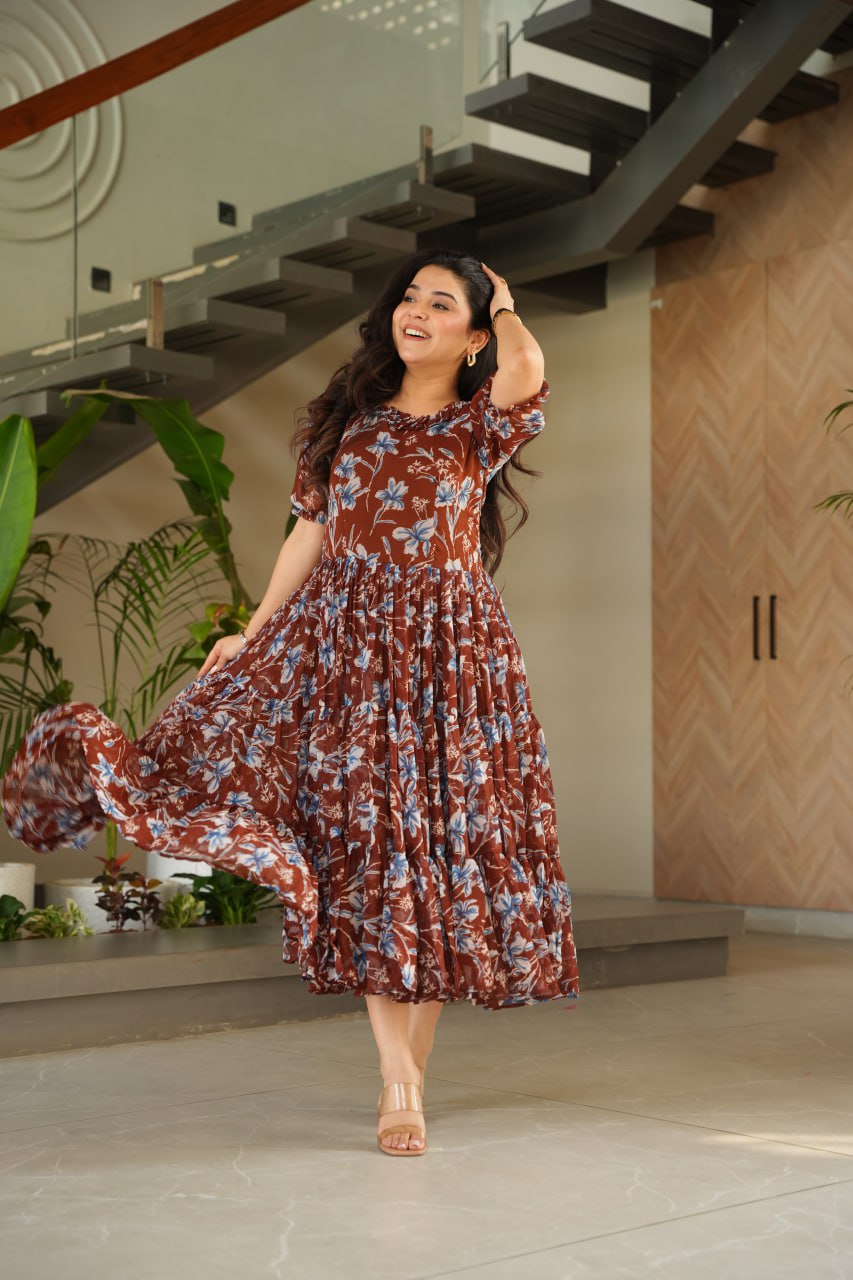Brown Elegant Printed Faux Georgette Gown ClothsVilla