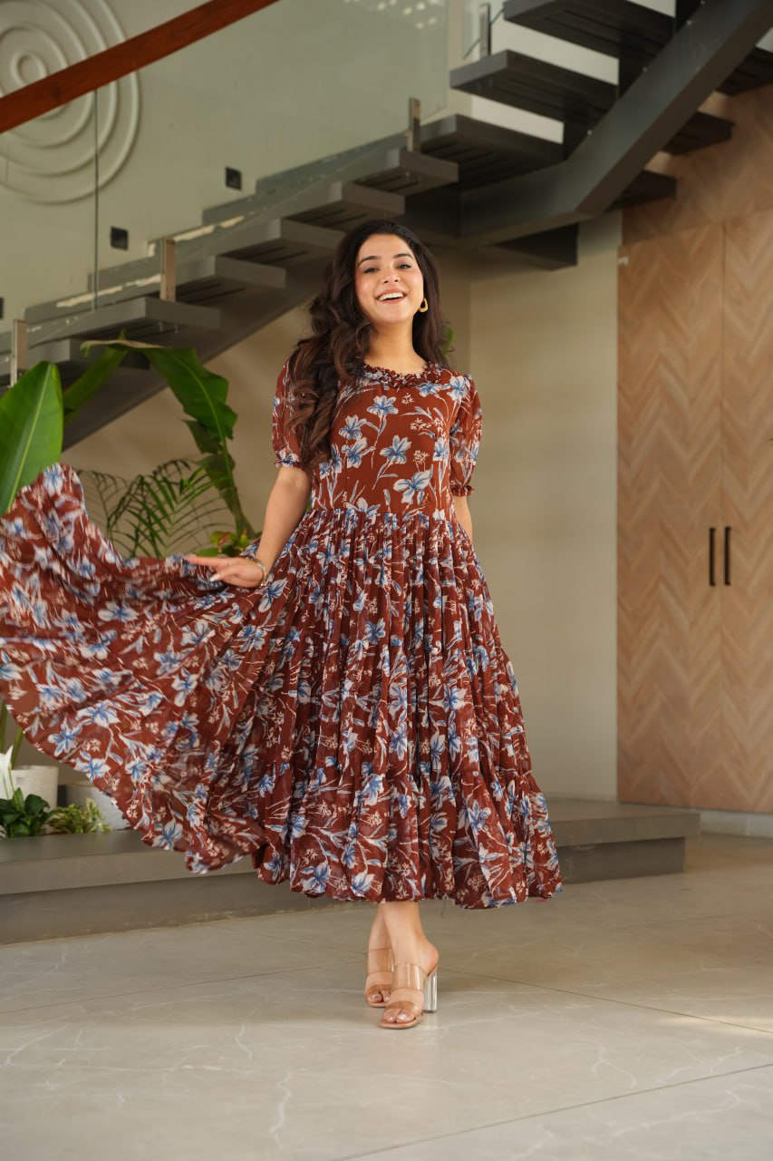 Brown Elegant Printed Faux Georgette Gown ClothsVilla