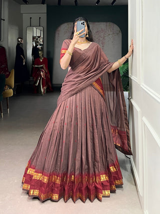 Brown Elegant Pure Chanderi Lehenga with Zari Weaving Work – Stitched Lehenga with Unstitched Blouse & Zari Dupatta Clothsvilla