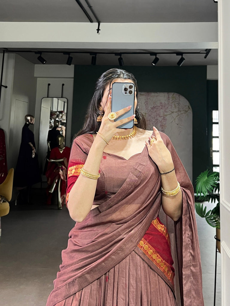Brown Elegant Pure Chanderi Lehenga with Zari Weaving Work – Stitched Lehenga with Unstitched Blouse & Zari Dupatta Clothsvilla
