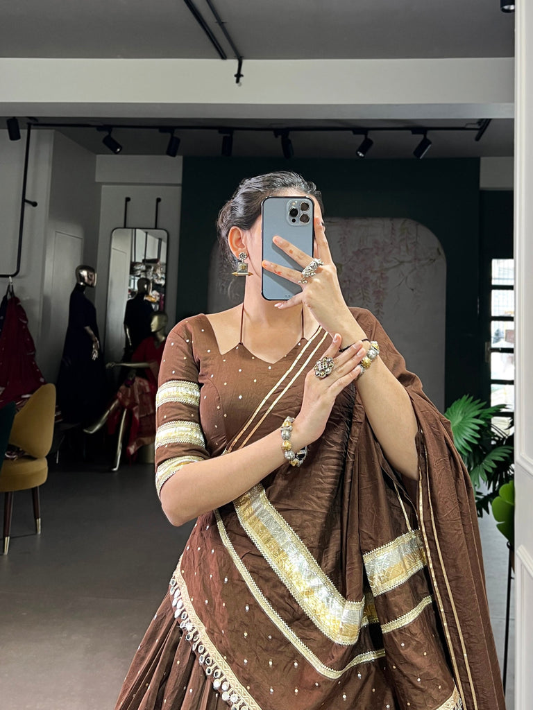 Brown Elegant Pure Chanderi Zari Weaving Lehenga Set with Embossed Design & Lace Touch-Up – 6-Meter Flair Stitched Lehenga, Blouse & Dupatta ClothsVilla