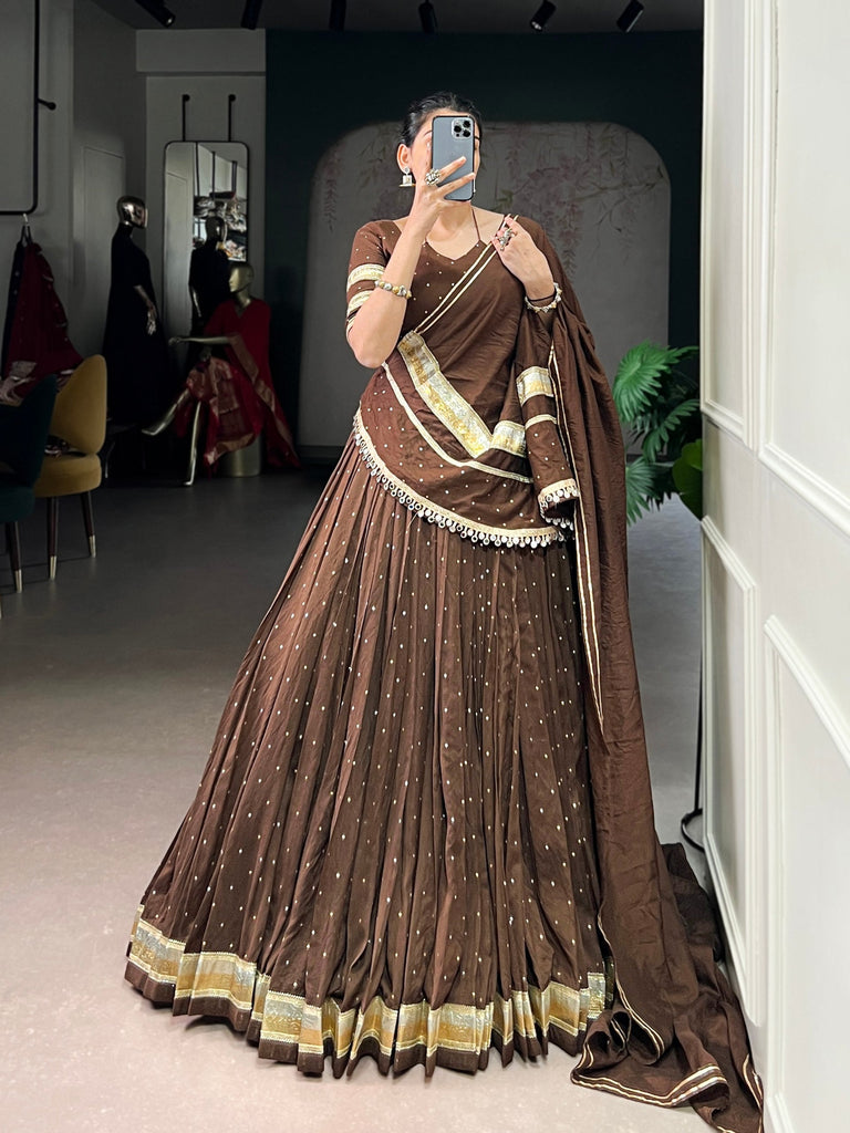 Brown Elegant Pure Chanderi Zari Weaving Lehenga Set with Embossed Design & Lace Touch-Up – 6-Meter Flair Stitched Lehenga, Blouse & Dupatta ClothsVilla