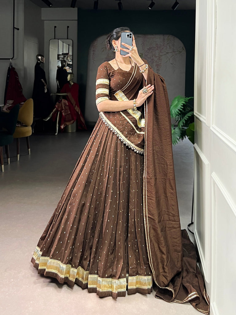 Brown Elegant Pure Chanderi Zari Weaving Lehenga Set with Embossed Design & Lace Touch-Up – 6-Meter Flair Stitched Lehenga, Blouse & Dupatta ClothsVilla