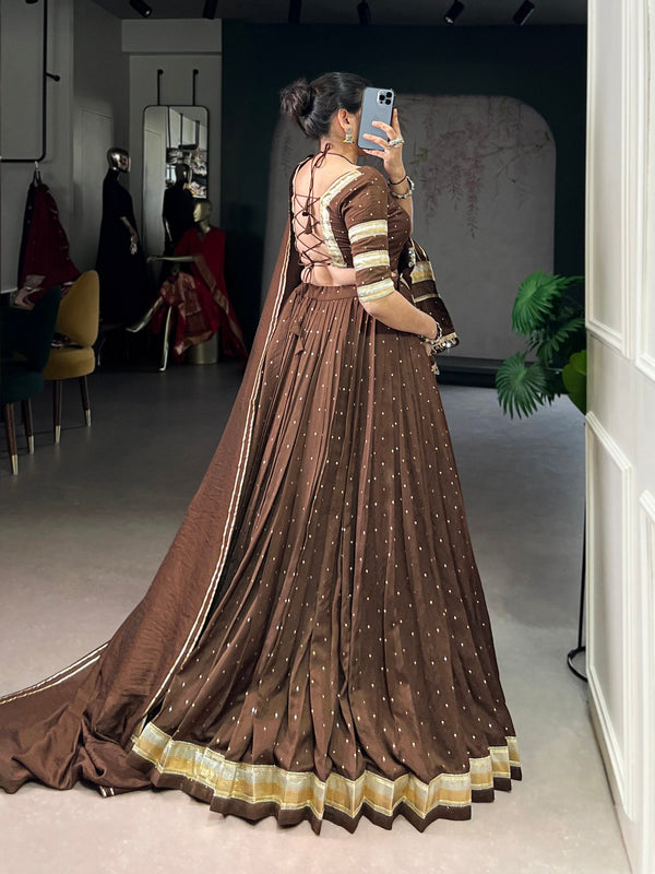 Brown Elegant Pure Chanderi Zari Weaving Lehenga Set with Embossed Design & Lace Touch-Up – 6-Meter Flair Stitched Lehenga, Blouse & Dupatta ClothsVilla