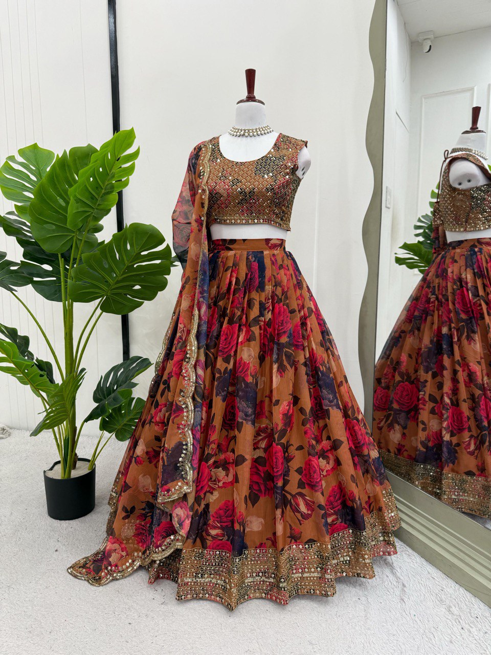 Brown Elegant Tabby Organza Lehenga Set with Digital Print & Sequins Work ClothsVilla