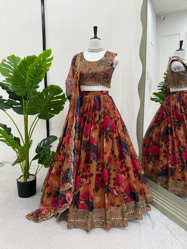 Brown Elegant Tabby Organza Lehenga Set with Digital Print & Sequins Work ClothsVilla