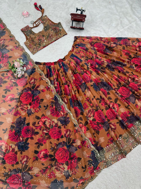 Brown Elegant Tabby Organza Lehenga Set with Digital Print & Sequins Work ClothsVilla