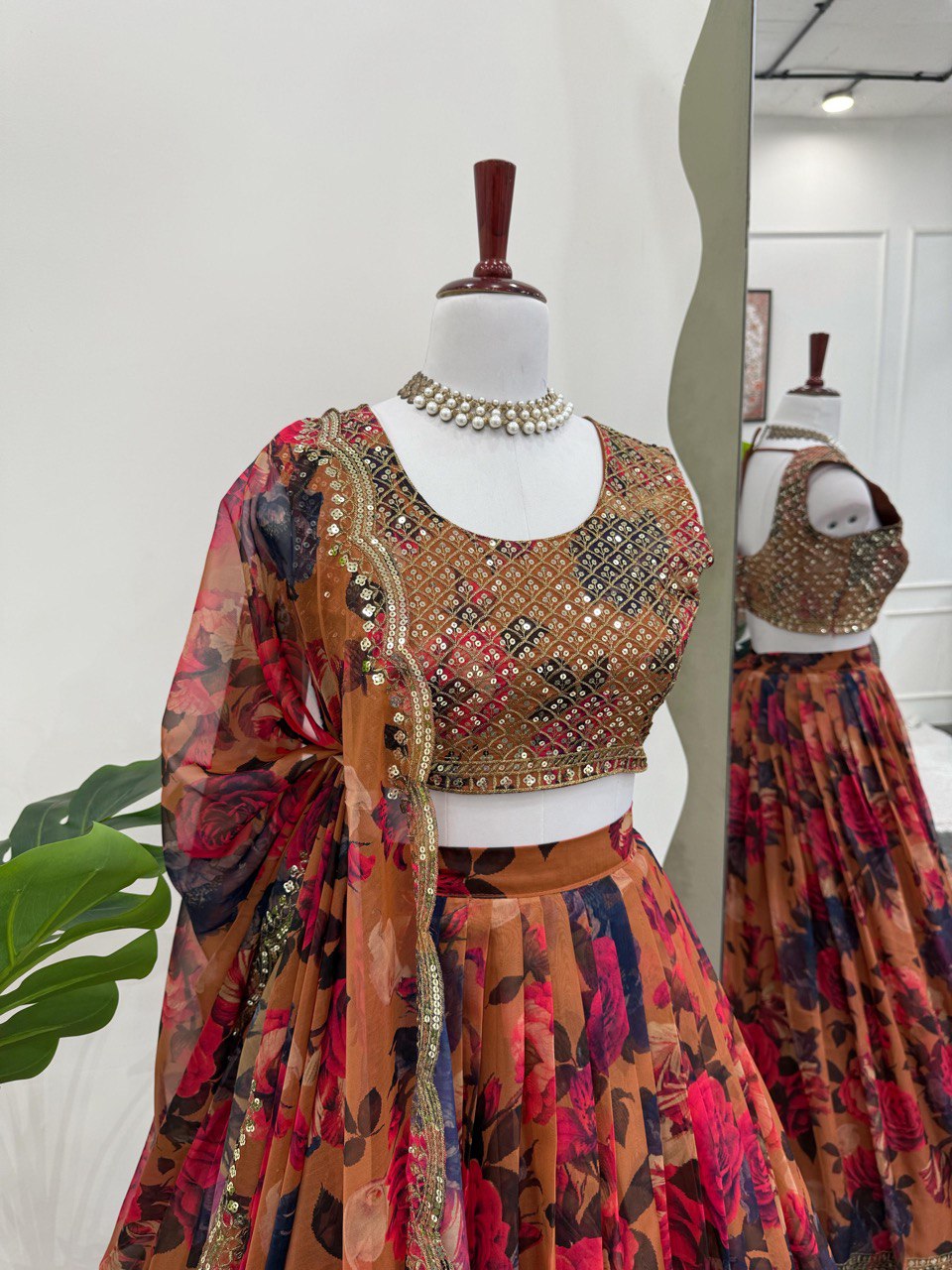 Brown Elegant Tabby Organza Lehenga Set with Digital Print & Sequins Work ClothsVilla
