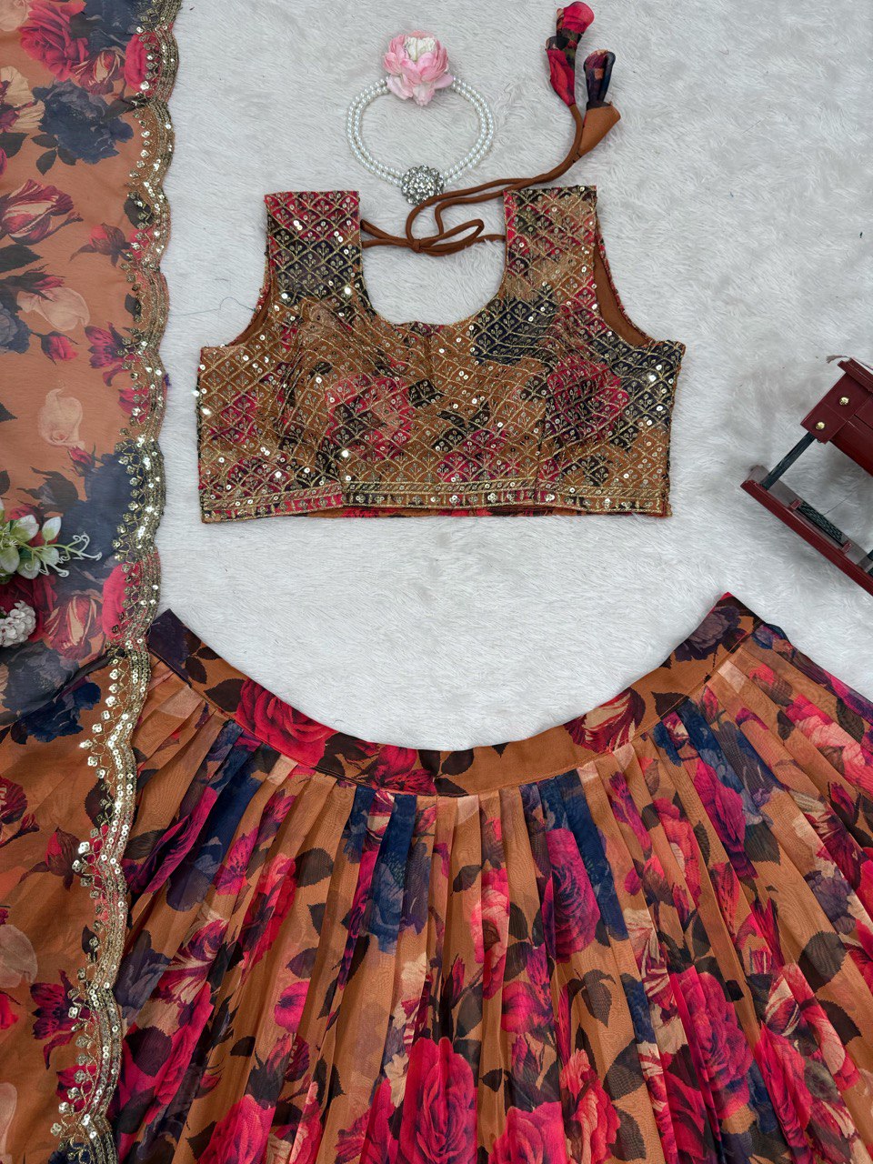 Brown Elegant Tabby Organza Lehenga Set with Digital Print & Sequins Work ClothsVilla
