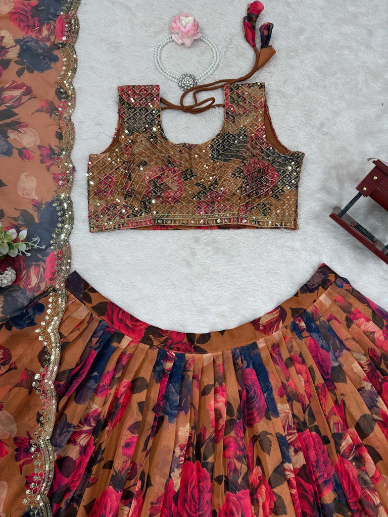 Brown Elegant Tabby Organza Lehenga Set with Digital Print & Sequins Work ClothsVilla