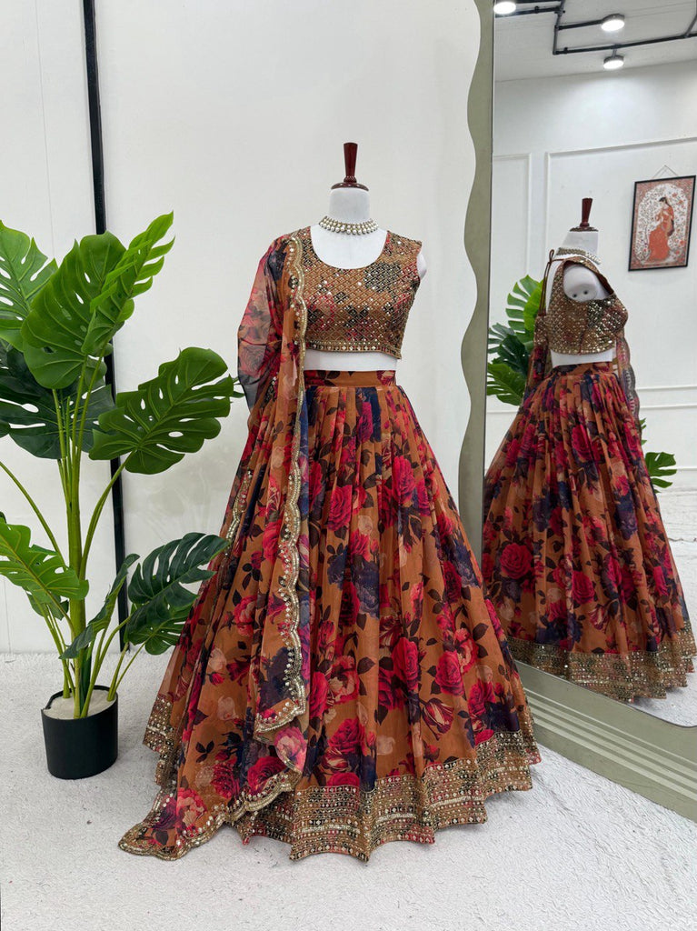 Brown Elegant Tabby Organza Lehenga Set with Digital Print & Sequins Work ClothsVilla