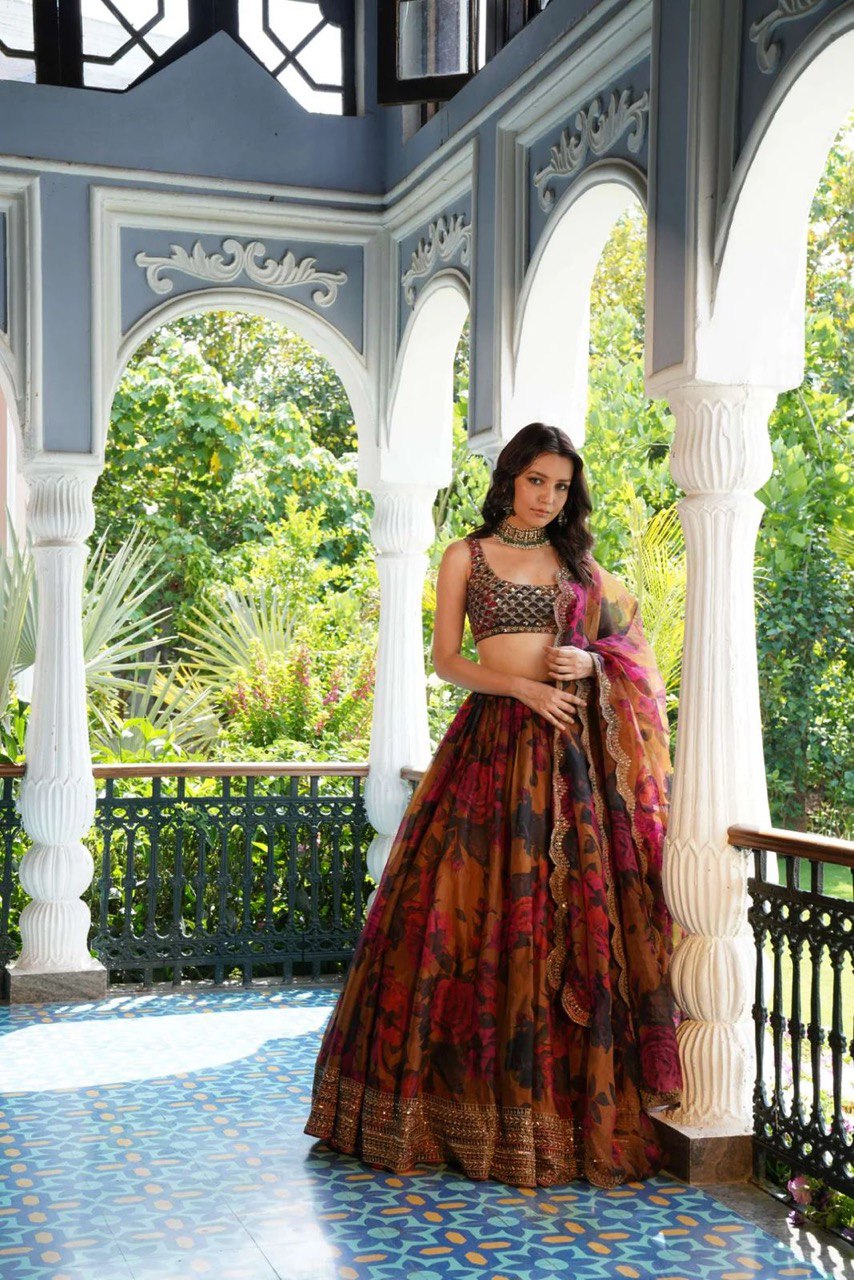 Brown Elegant Tabby Organza Lehenga Set with Digital Print & Sequins Work ClothsVilla Main image
